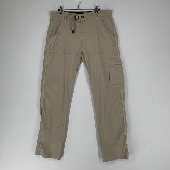 PRANA Men Pants M Khaki Brown Breathe Hiking Outdoor Roll up Snap Button - Picture 1 of 16
